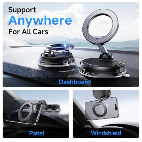 Compact Foldable Car Phone Holder for Magsafe [78+LBS Strongest Suction & 2400gf Strongest Magnetic] 360° Adjustable Car Phone Mount, Bedstand & Desk Mounts for iPhone 18-12 Pro Max (Carbon Fiber)
