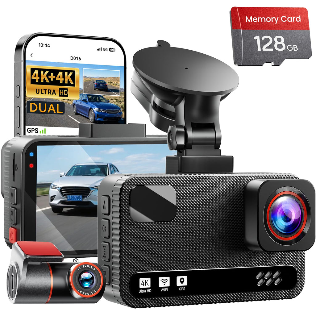 4K+4K Dual Dash Cam Front and Rear, Free 128GB Card, Starlight Night Vision | Dual-Channel Recording, 5.8GHz WiFi, 20MB/s Download Speed, GPS, 3" IPS Screen, Collision Sensor, 24H Parking Mode