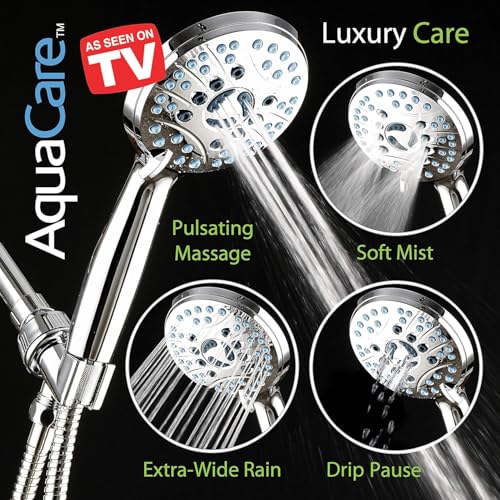 AquaCare 8-mode High Pressure Handheld Shower Head with 2-mode Power Wash | Stay Clean Nozzles, Dual Power Wash for Tub, Tile & Pets, Long 6 ft. Stainless Steel Hose, Wall & Overhead Brackets / Chrome