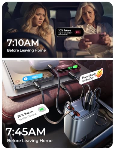 LISEN Retractable Car Charger, 84W Car Charger USB C Fast Charge, 4 in 1 | Cigarette Lighter Adapter, Car Accessories, for Christmas Day Gifts for Men Women Dad Mom, for iPhone 18 Pro Max 17 16 15 14