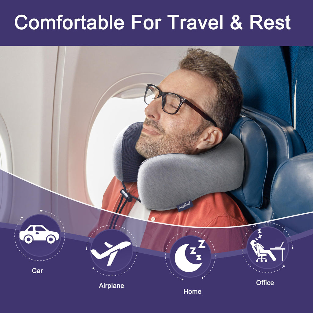 napfun Neck Pillow for Traveling, Upgraded Travel Neck Pillow for Airplane 100% Pure Memory Foam Travel Pillow for Flight Headrest Sleep, Portable Plane Accessories, Light Grey