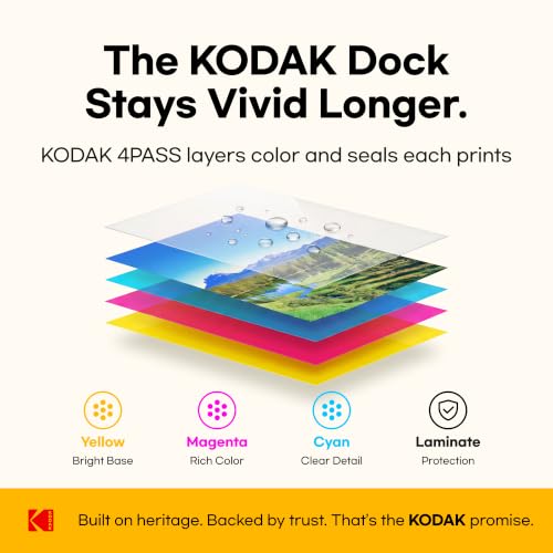 KODAK Dock Plus 4x6 Photo Printer, Smartphone Docking, 4PASS, 50 Sheets | Bluetooth, iPhone & Android Smartphone Compatible, Charge While Printing, Water, Fingerprint and Fade Resistant