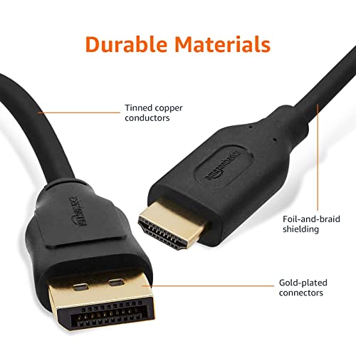 Amazon Basics DisplayPort to HDMI Cable, Uni-Directional, 4K@30Hz, 1920x1200, 1080p, Gold-Plated Connectors for Enhanced Picture Quality and Sound, 6 ft, Black Temp
