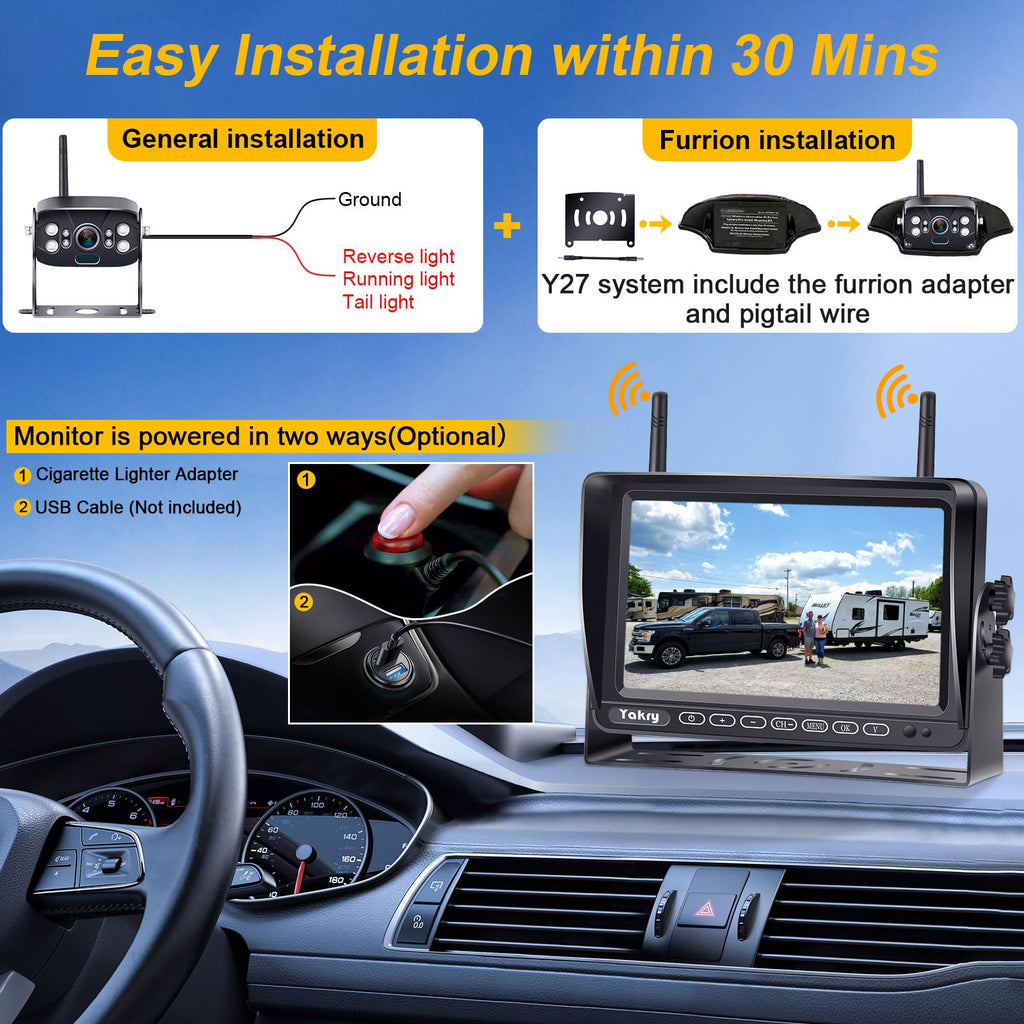 RV Backup Camera Wireless Plug and Play: Pre-Wired for Furrion Easy Install | 1080P HD Recording Wide View Rear View Camera Clear Night Vision Strong Signal 7'' Monitor for Trailer Camper Motorhome Yakry