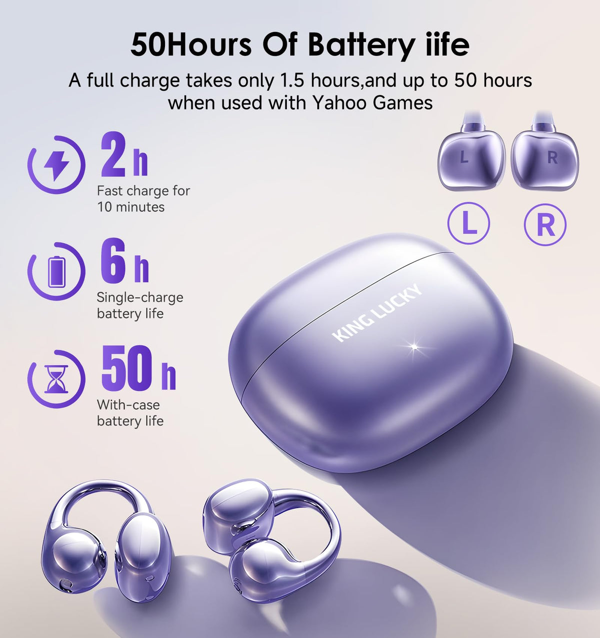 Kinglucky Clip-On Earbuds Gen 3, Open-Ear Wireless Bluetooth 6.0 Headphones with Mic, Secure Fit for Small Ears & Glasses Wearers, 50H Playtime, ENC, IPX5 Waterproof Sport Ear Buds (Purple)