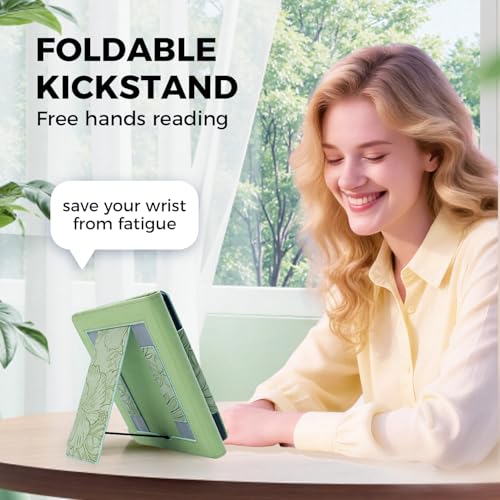 7"/6.8" Green Embossed Case Compatible with Kindle Paperwhite 11th/12th Gen,Colorsoft Signature Edition 2024,Retro Flower Book Cover Hand Strap Stand Auto Wake Design Accessories 2025