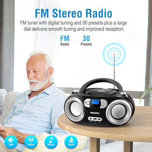 MEGATEK Portable CD Player Boombox with Bluetooth & FM Radio – Black | USB Playback, Clear Stereo Sound, AUX Input, Headphone Jack, CD-R/RW & MP3-CD Support, LCD Display, AC/Battery Powered