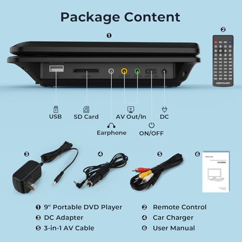 DBPOWER 11.5" Portable DVD Player, 5-Hour Built-in Rechargeable Battery, 9" Swivel Screen, Support CD/DVD/SD Card/USB, Remote Control, 1.8 Meter Car Charger, Power Adaptor and Car Headrest (Black)