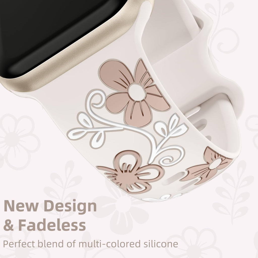Witzon Floral Silicone Band Compatible with Apple Watch Bands For Women | 40mm 41mm 38mm 42mm 44mm 45mm 46mm 49mm, Engraved Cute Dressy Strap for iWatch Series 12 11 10 9 8 7 6 5 SE Ultra 4 3 2 1