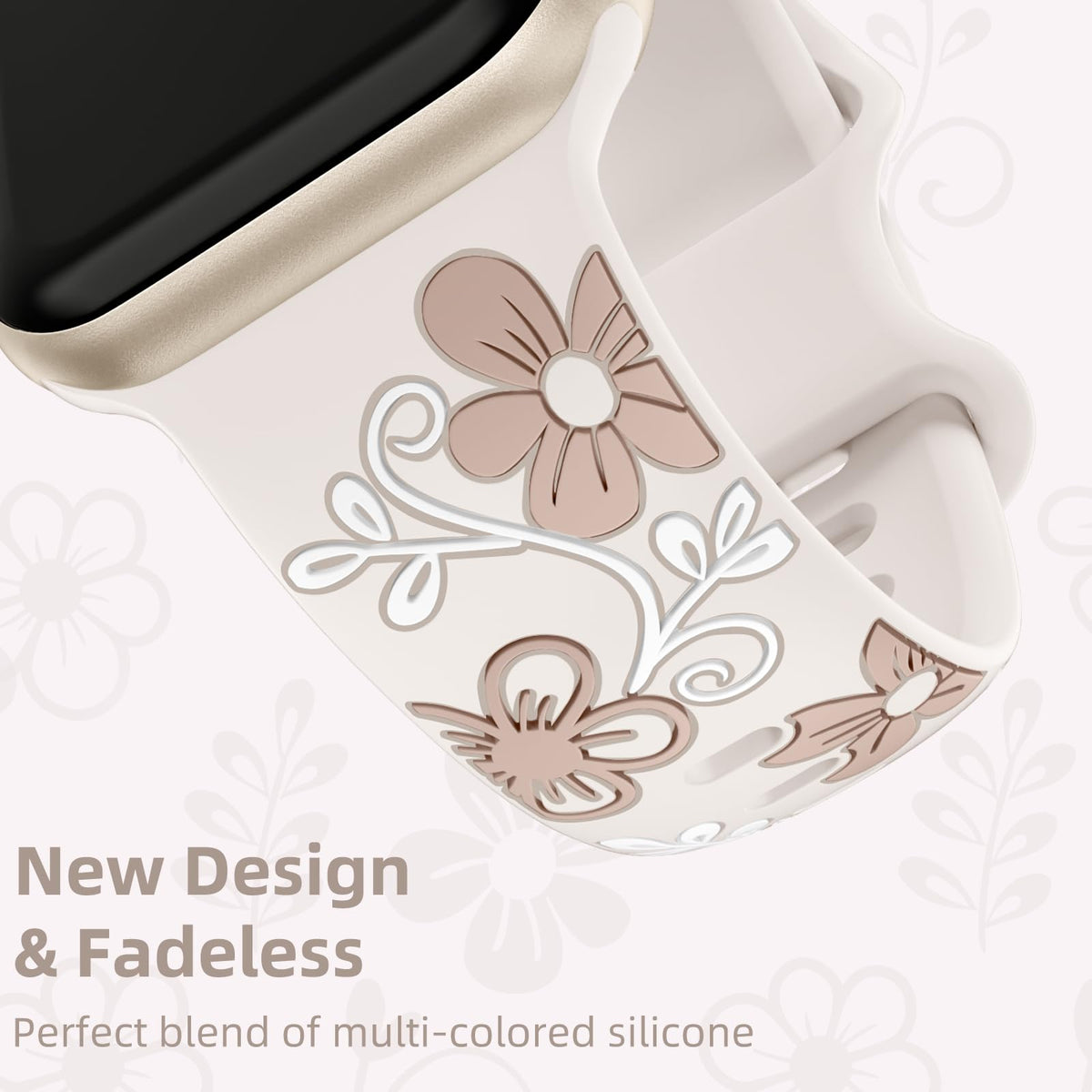 Witzon Floral Silicone Band Compatible with Apple Watch Bands For Women | 40mm 41mm 38mm 42mm 44mm 45mm 46mm 49mm, Engraved Cute Dressy Strap for iWatch Series 12 11 10 9 8 7 6 5 SE Ultra 4 3 2 1