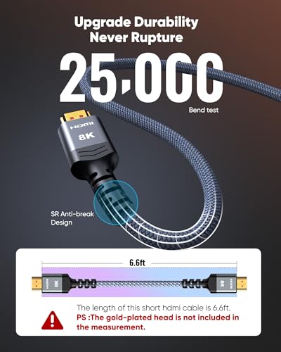 Highwings 8K 10K 4K HDMI Cable 48Gbps 6.6FT/2M, Certified Ultra High Speed | 2.1 HDMI Cable Braided Cord-4K@120Hz 8K@60Hz, DTS:X, HDCP 2.2 & 2.3, HDR 10 Compatible with DVD Player/PS5/HDTV/Blu-ray