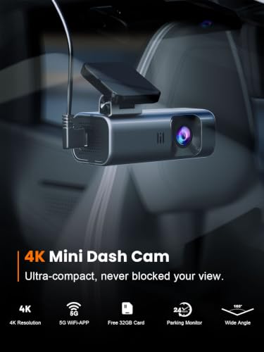 galphi 4K Dash Cam Front, 5GHz WiFi, 32GB Card Included, Mini Dashcam | Screen-Free, APP Control, 160° Wide Angle, G-Sensor, Loop Recording, 24H Parking Monitor, Night Vision, Easy Install