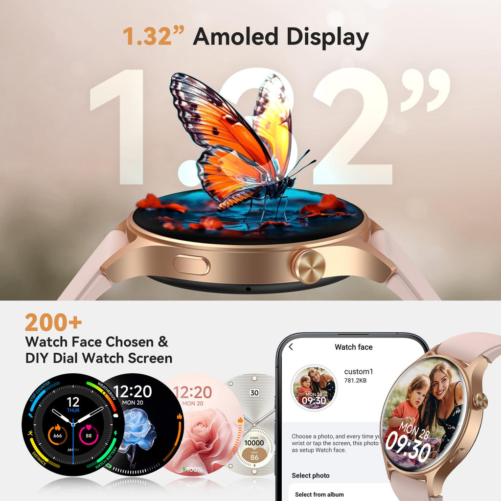 aeac Smart Watch for Women, AMOLED Ultra-Clear Screen Activity Trackers with Heart Rate/Sleep/SpO2 Monitor, Smartwatch for iPhone/Samsung/Android, 110+ Sport Modes (Rose Gold, S/M/L, Rose Gold)