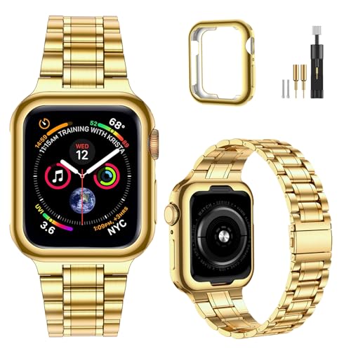 MioHHR Solid Stainless Steel Band Compatible for Apple Watch 38mm 40mm 41mm | Adjustable Metal Strap with Soft TPU Case for Women and Men, Fits iWatch Bands Series 9 8 7 6 5 4 3 2 1, SE3, SE2, SE, Gold