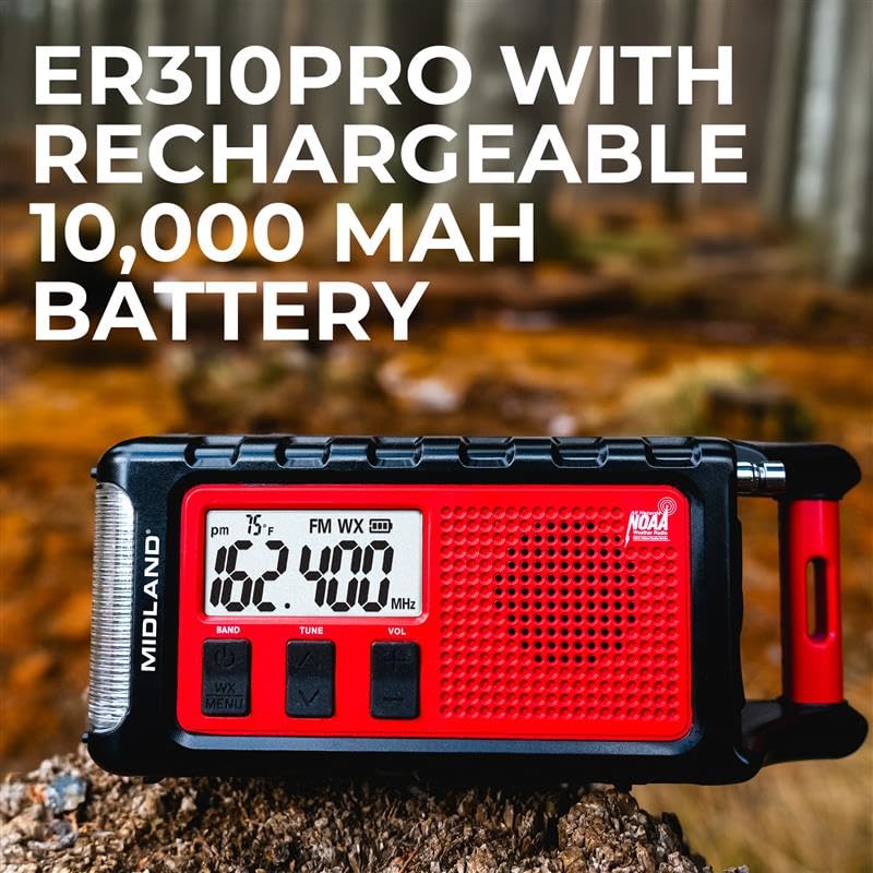 Midland - ER310PRO, Portable Emergency Bluetooth Weather AM/FM Radio | 10,000 mAh Power Bank - Multiple Power Sources, SOS Flashlight, Ultrasonic Rescue Dog Siren, & NOAA Weather (Red/Black)