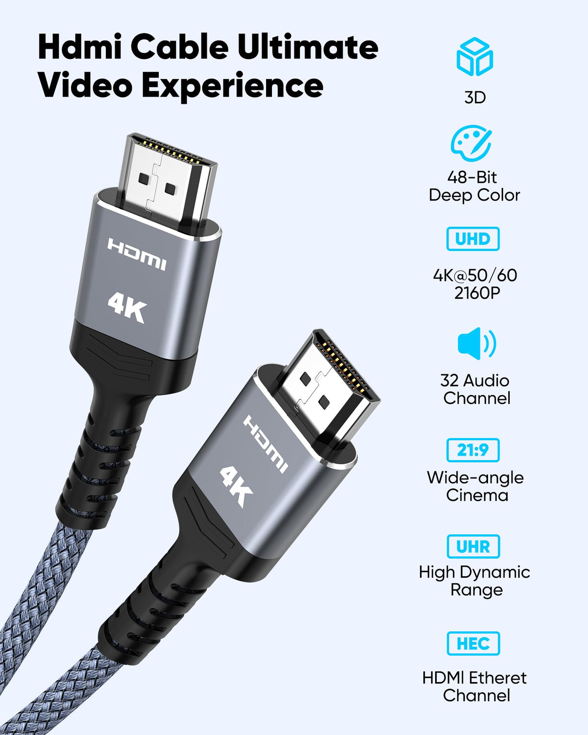 Highwings Long HDMI Cable 25FT 4K HDR High Speed HDMI 2.0 Cables | 18Gbps 2.0 Braided HDMI Cord, 4K HDR, HDR10, HDCP 2.2, ARC, Compatible with Roku TV/HDTV/PS5/Blu-ray