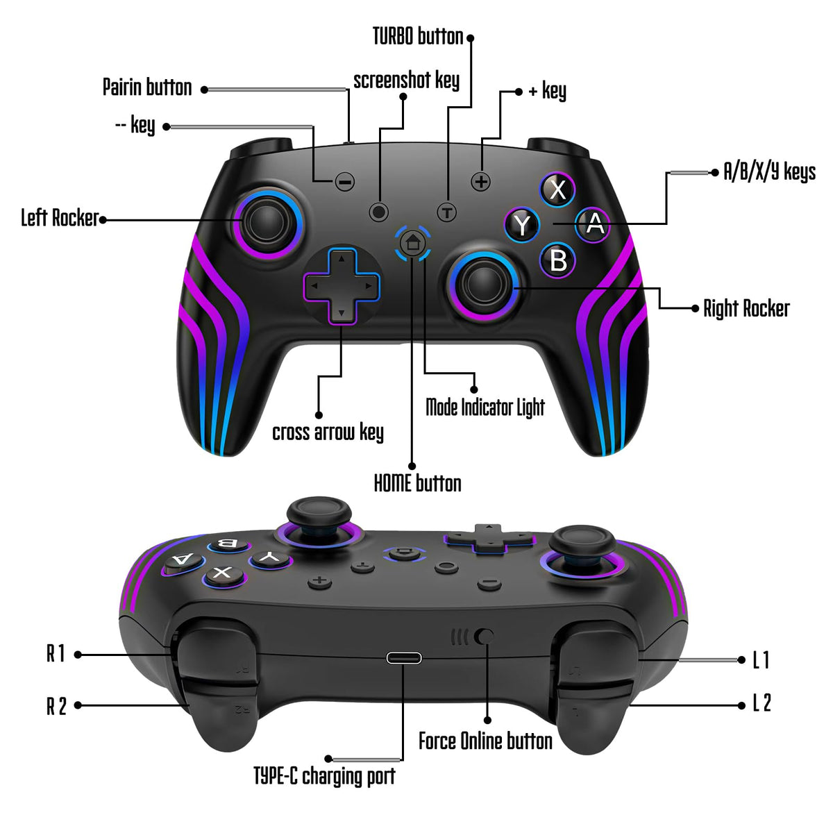 MYSTILUCK Wireless Pro Controller for Switch/Switch 2/Lite/OLED/PC | Gamepad with 7 Color-Changing RGB Lighting/Dual Vibration/6-Axis Gyroscope/Turbo, Ergonomically Designed Precise Joystick