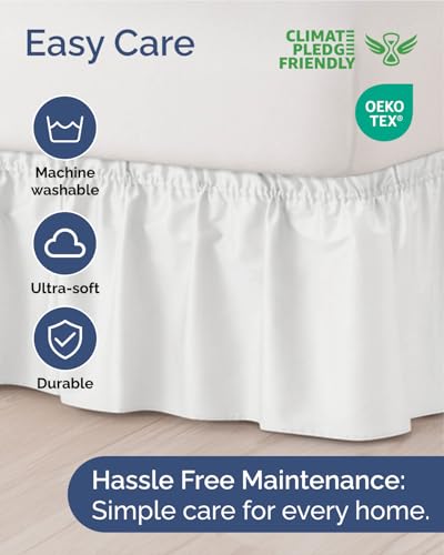 CGK Wrap Around Dust Ruffle Bed Skirt - Queen Size, 15" Inch, White | Easy Fit Elastic Strap, Adjustable Pleated Bedskirt w/Brushed Fabric, Wrinkle & Fade Free, for Women, Men, Kids & Teens