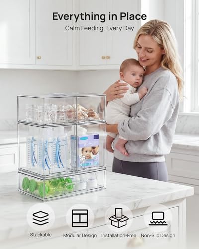 Vtopmart Clear Stackable Storage Drawers Set of 5, Plastic Organizer Bins | Multi-purpose Boxes for Baby Bottle Storage, Ideal for Kichen, Vanity, Bathroom, Undersink, Cabinet, Pantry Organization