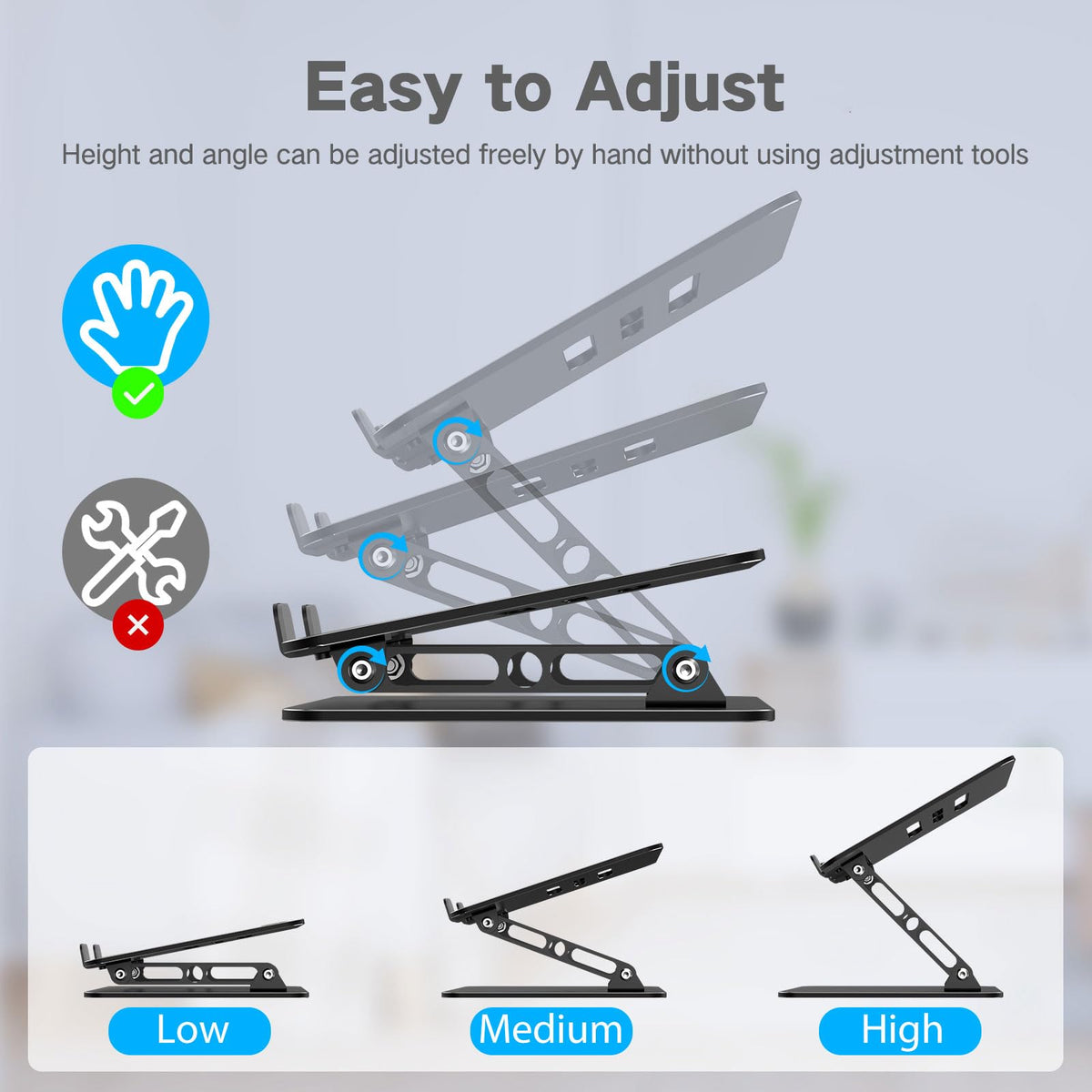 Gogoonike Adjustable Laptop Stand for Desk, Metal Laptop Riser Holder | Portable Desktop Book Stands, Foldable Ventilated Cooling Computer Notebook Stand Compatible with 10-15.6” Laptops, Tablets
