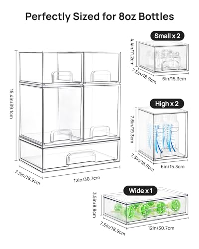 Vtopmart Clear Stackable Storage Drawers Set of 5, Plastic Organizer Bins | Multi-purpose Boxes for Baby Bottle Storage, Ideal for Kichen, Vanity, Bathroom, Undersink, Cabinet, Pantry Organization