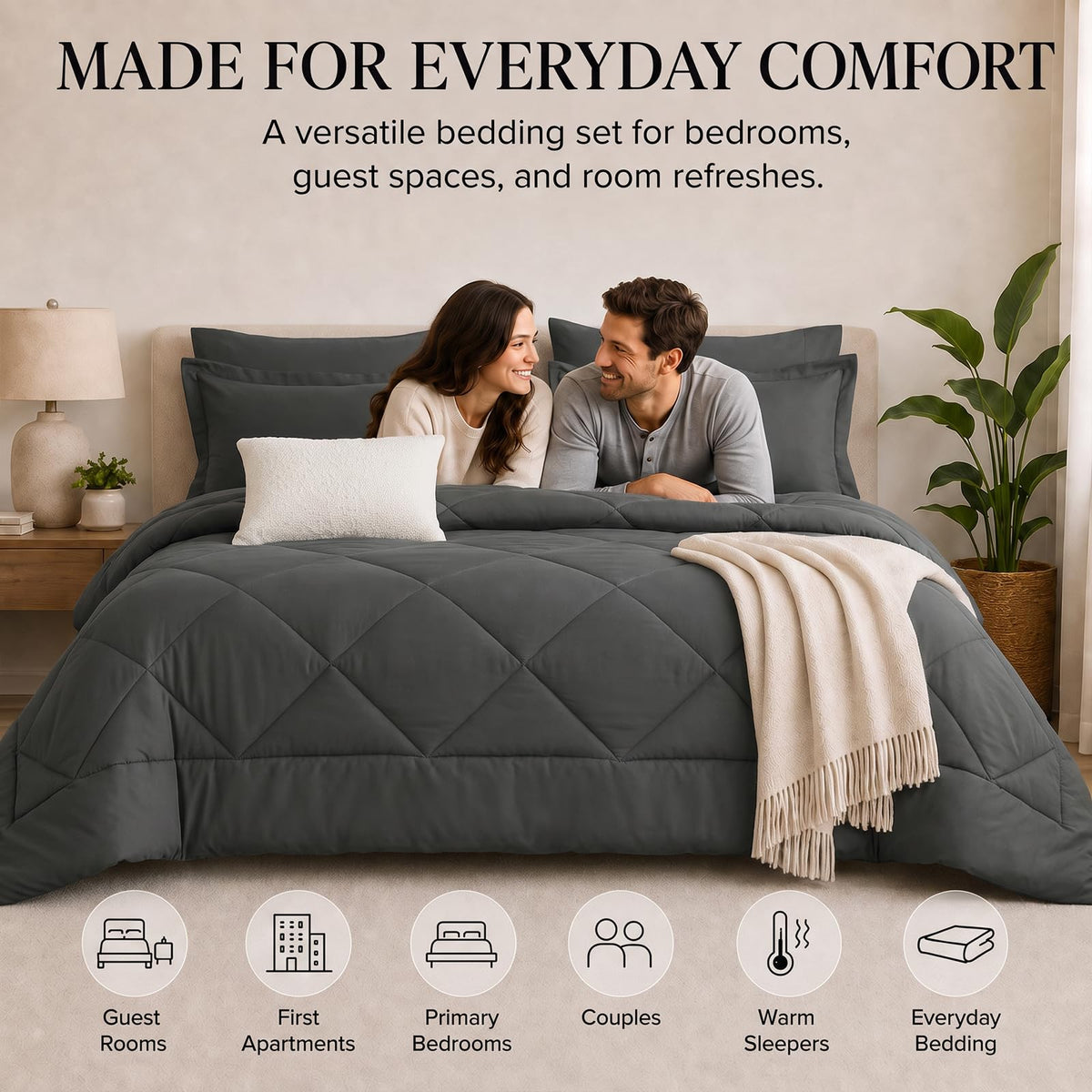 CozyLux Queen Comforter Set 88"x88" Dark Grey - 7 Piece Bed in a Bag | Fits Mattresses up to 14in, Sheets & Shams Included, OEKO-TEX Certified, 240GSM All-Season Fill, Couples & Guest Rooms