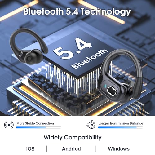Wireless Earbuds 75H Bluetooth 5.4 Sport Headphones with Earhooks, Black | IPX7 Waterproof In-ear Buds Feature ENC Noise Cancelling Mic & Deep Bass. Stereo Sound Device for Gym Running Workout
