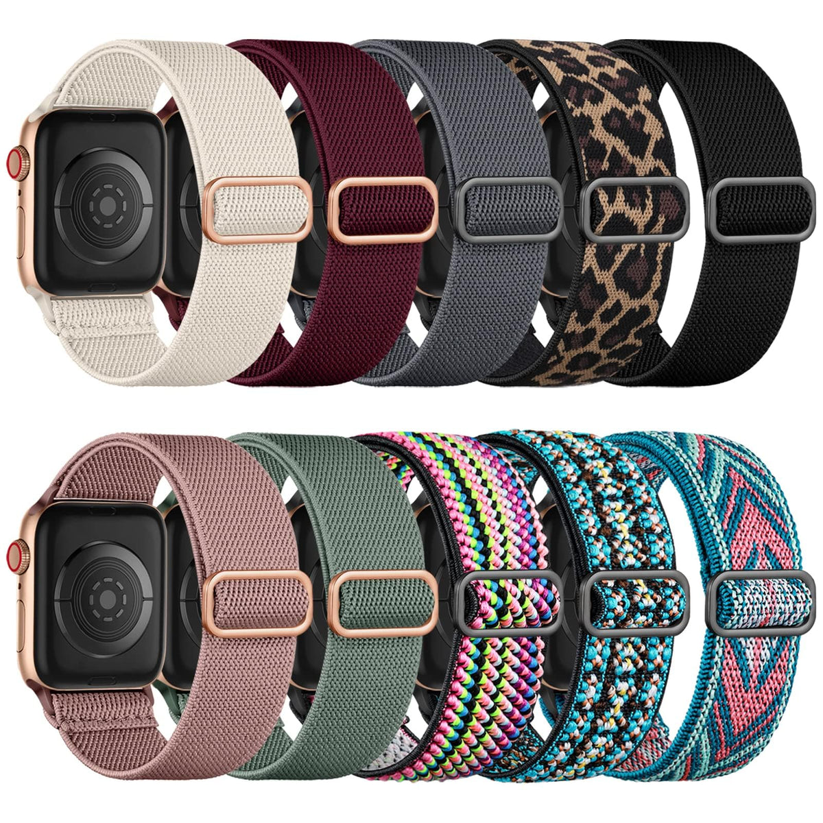 Maledan 10-Pack Stretchy Nylon Solo Loop for Apple Watch Bands Women Men | Soft Elastic Nylon Strap, Fits 38mm 40mm 41mm 42mm 44mm 45mm 46mm 49mm for iWatch Series 12 11 10 9 8 7 6 5 4 3 2 1 SE Ultra