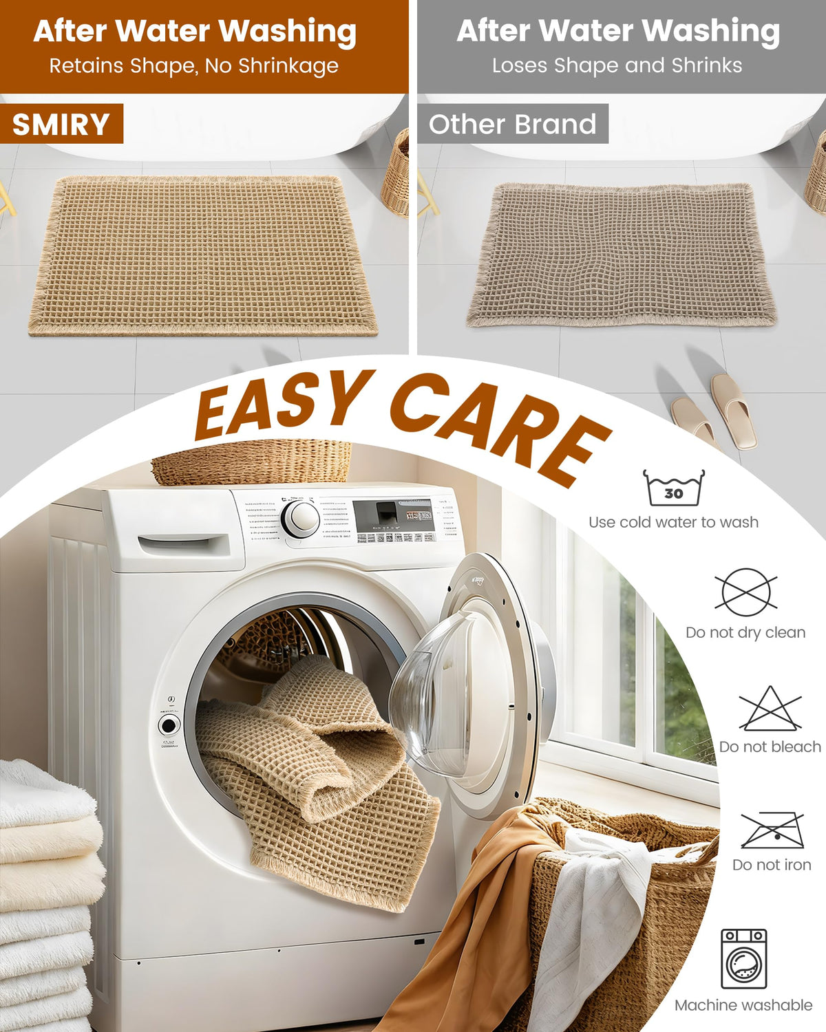 Smiry Waffle Bath Mat 30X20, Extra Soft Absorbent Bathroom Rugs, Brown | Non Slip Machine Washable Quick Dry Bath Rugs for Bathroom Floor, Tub, Shower, Home Decor Accessories
