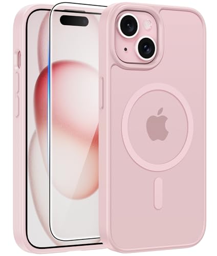 FNTCASE for iPhone 15/14/13 Case, Fit for Magsafe, Glass Screen Protector | Translucent Matte, Magnetic Phone Cases, 14FT Military Grade Drop Protection, Slim Shockproof Protective Cover, Light Pink