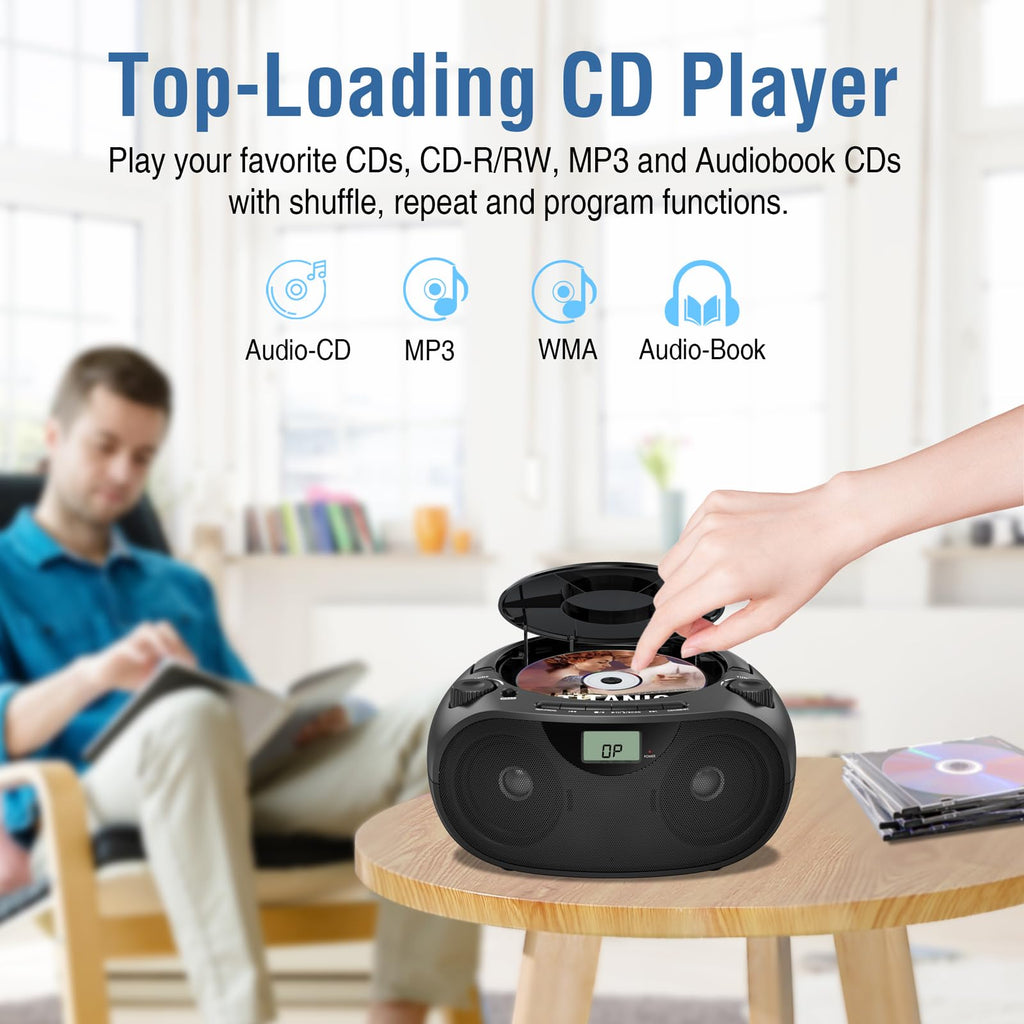 Nextron Portable CD Player Boombox with Bluetooth, AM/FM Radio & USB | CD-R/RW, MP3-CD & USB Playback, Stereo Sound, Bass Boost, AUX Input, Headphone Jack, LCD Display, AC/Battery Powered - Black