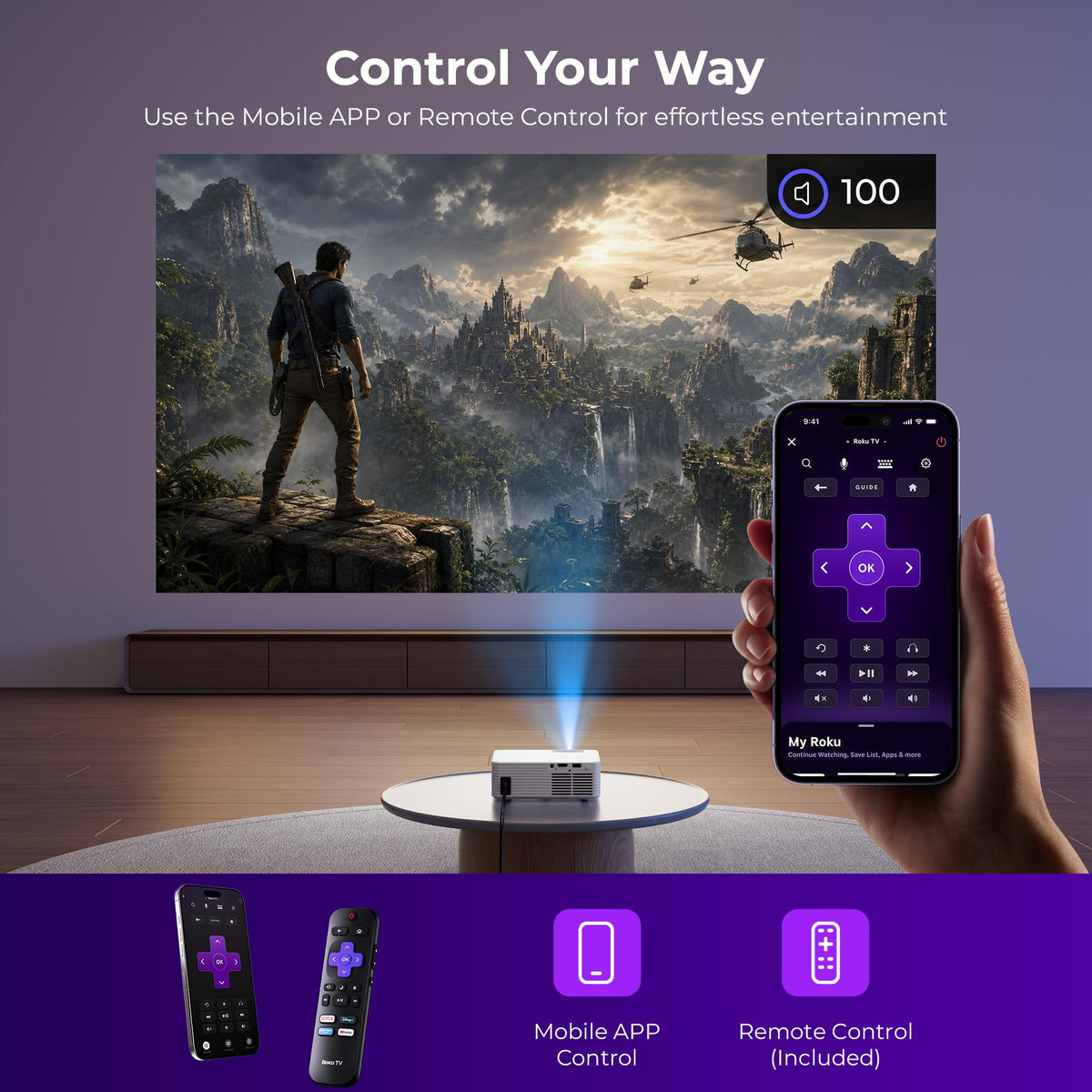 ELEPHAS Roku TV Smart Projector with Wi-Fi and Bluetooth | Built-in Roku TV, Works with Alexa & Google Home, Dolby Audio, Portable Mini Projector for Bedroom, Outdoor
