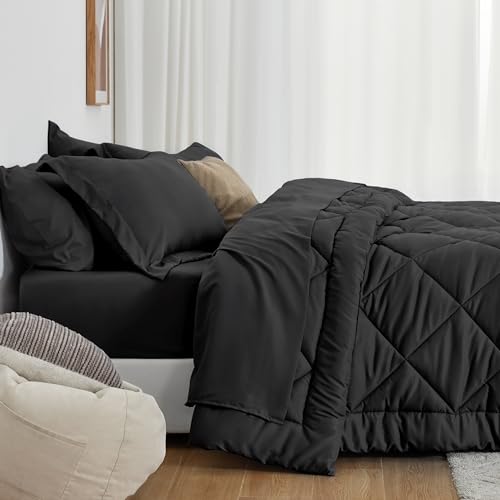 Love's cabin King Size Comforter Set, 7 Pieces Bed in a Bag, Black | OEKO-TEX Certified, All-Season, 1 Down-Alternative Comforter + 1 Flat & Fitted Sheets + 2 Pillowcases + 2 Pillow Shams