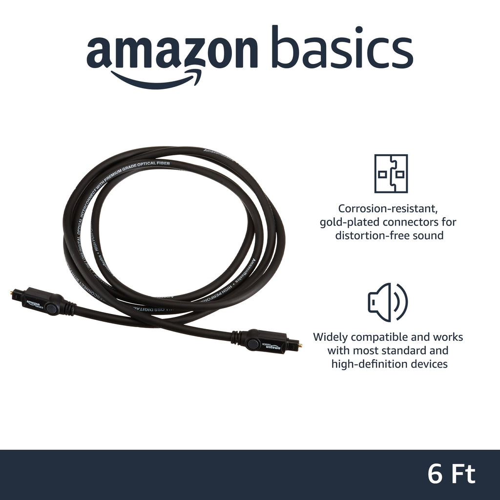 Amazon Basics Toslink Digital Optical Audio Fiber Optic Cable, Multi-Channel, for Sound Bar, Audio System, Home Theatre, Game Console, Blu-Ray Player, Gold-Plated Connectors, 6 Foot, Black
