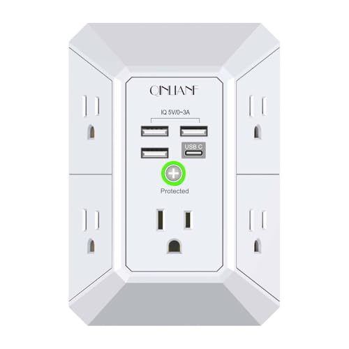 Wall Charger, Surge Protector, QINLIANF 5 Outlet Extender with 4 USB Ports | 1680 Joules, 3-Sided Power Strip, Multi Plug Wall Outlet Adapter Spaced for Home Travel Office, White