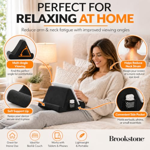 Brookstone Tablet Lap Cushion - Tablet and Phone Holder for Bed, Flights, and Travel, Two Angled Memory Foam Lap Desk for Reading and Hands Free Viewing, Compatible iPad and Kindle Accessories, Black