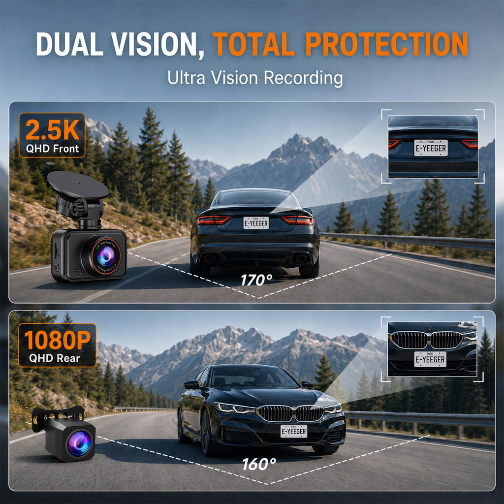 Dash Cam Front and Rear for Cars, 2.5K+1080P Dual Camera with 2" Screen | WDR Night Vision, 170° Lens, G-Sensor, Loop Recording, 360° Mount, Mini Design, 256GB Max, 24H Parking, SD Card Not Included