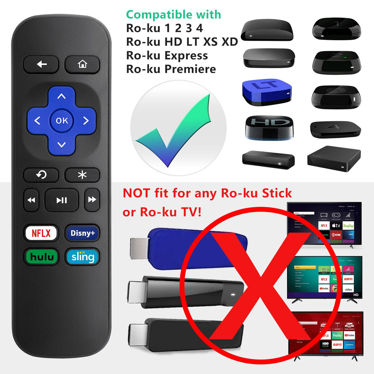 (2 Pack) Replacement Remote for Roku Box Express Player Premiere Control | for Roku 1 2 3 4,NOT for TV or Stick, No Setup Required, Infrared Remote, with User Manual, 4 Shortcuts, ABS Material