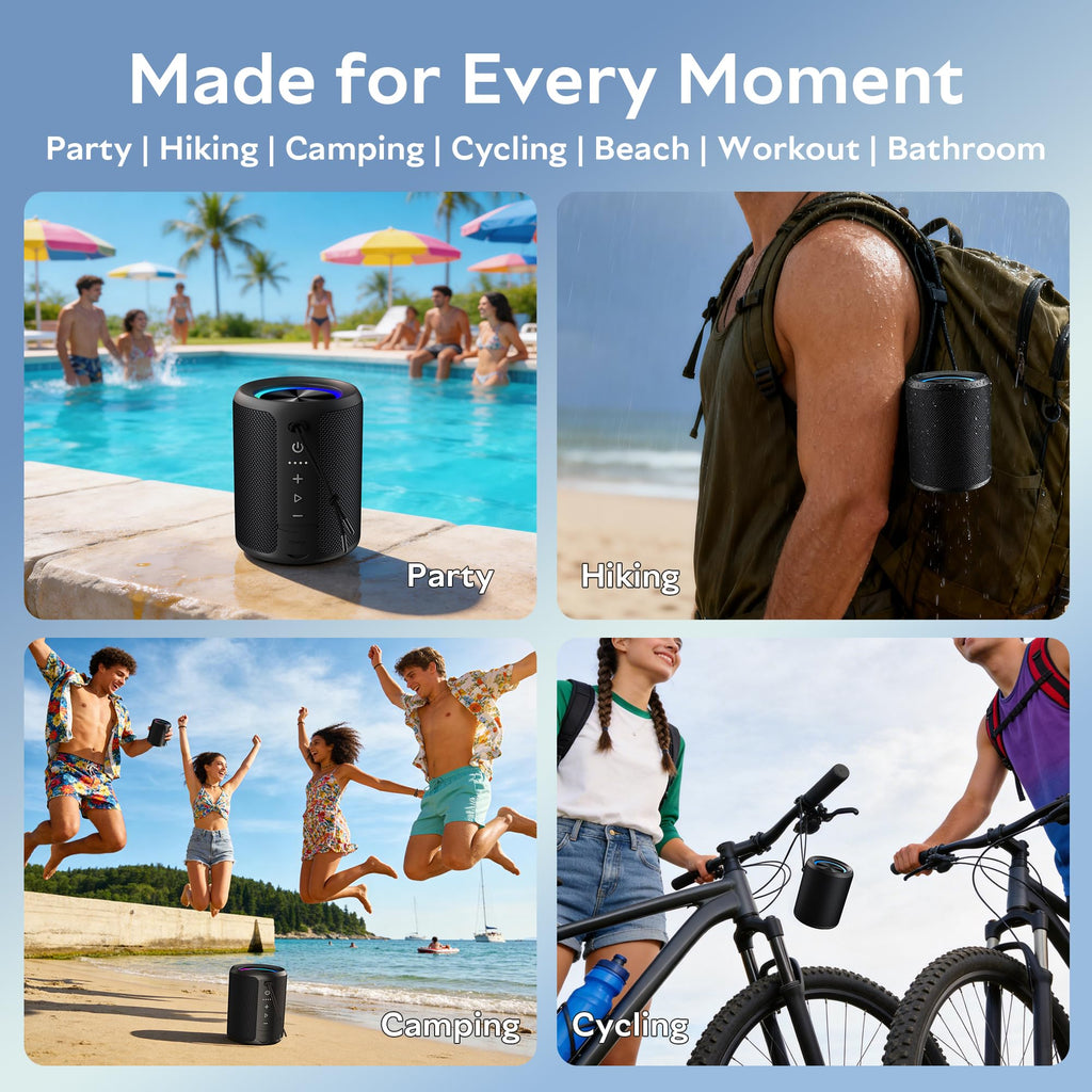 DUDGSIS Portable Bluetooth Speaker, 20W Stereo, IPX7 Waterproof, RGB Light | 15H Playtime, Bluetooth 5.3, TWS Pairing & AUX Input; Compact Outdoor Speaker for Shower, Pool, Beach & Hiking