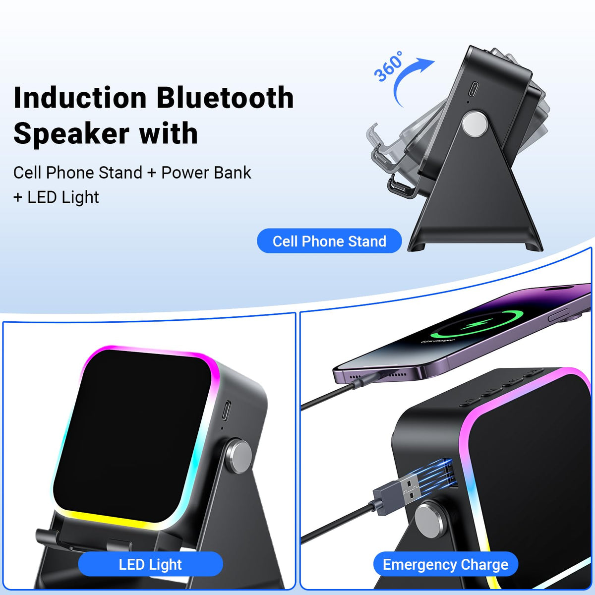 Induction Speaker with Phone Stand 5 in 1 Wireless Bluetooth Audio Black | Phone Speaker Amplifier for iPhone & Android with RGB Light and USB Wired Charging, Birthday Gift for Men Women Teens