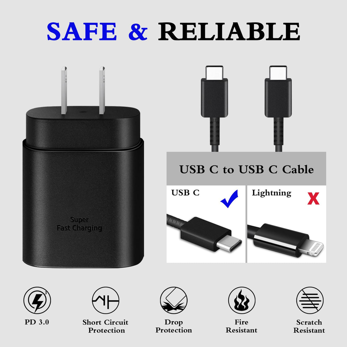 Type C Charger Fast Charging 2-Pack 25W Long 6FT USB C Cable | USBC Charger Block Compatible with Galaxy S26 S25 S24 S23 S22 S21/iPhone 17/16/16 Pro Max/15/15 Pro Max/15 Plus-Black