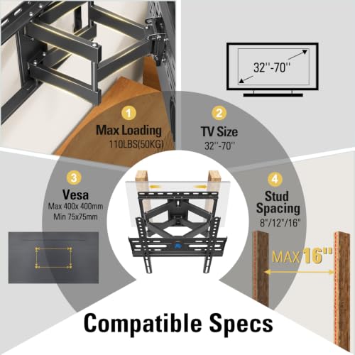 Mounting Dream Full Motion TV Wall Mount for 32-70 Inch TVs up to 110lbs | Mount Bracket with Swivel and Tilt, TV Bracket with Articulating Dual Arms, Fits 16” Studs, Max VESA 400X400 mm, MD2380