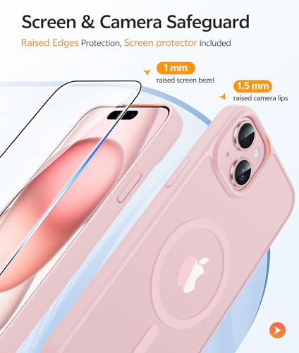 FNTCASE for iPhone 15/14/13 Case, Fit for Magsafe, Glass Screen Protector | Translucent Matte, Magnetic Phone Cases, 14FT Military Grade Drop Protection, Slim Shockproof Protective Cover, Light Pink