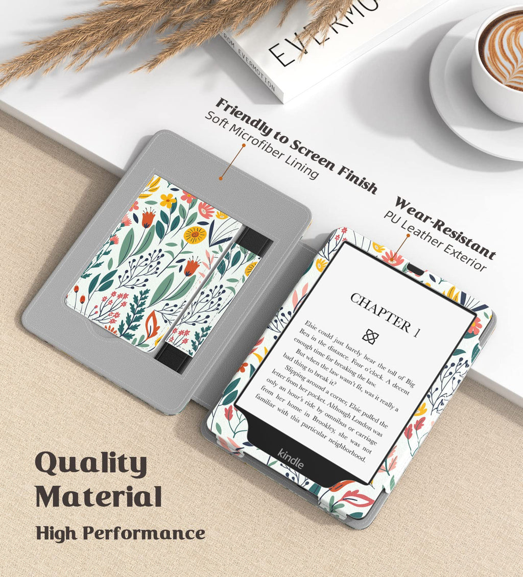 Moko Case for 7"/6.8" Kindle Paperwhite 12/11th Gen & Kindle Colorsoft for Signature Edition 2024, Slim PU Shell Cover with Auto-Wake/Sleep, Flowers