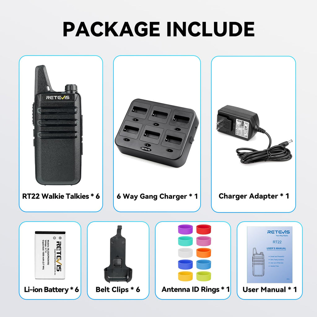 Retevis RT22 Commercial FRS Walkie Talkies Rechargeable Long Range (6 Pack) | Slim & Lightweight 2 Way Radio, For K-12 & Retail, Comfortable for All-Day Wear, Loud & Clear Audio, Charge 6 Radios At Once