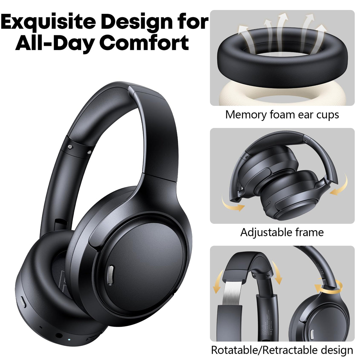 Hybrid Active Noise Cancelling Headphones 120H Playtime 6 ENC Clear Call Mic, Over Ear Headphones Wireless with Hi-Res Audio Comfort Earcup Low Latency ANC Bluetooth 6.0 Headphones for Travel Workout