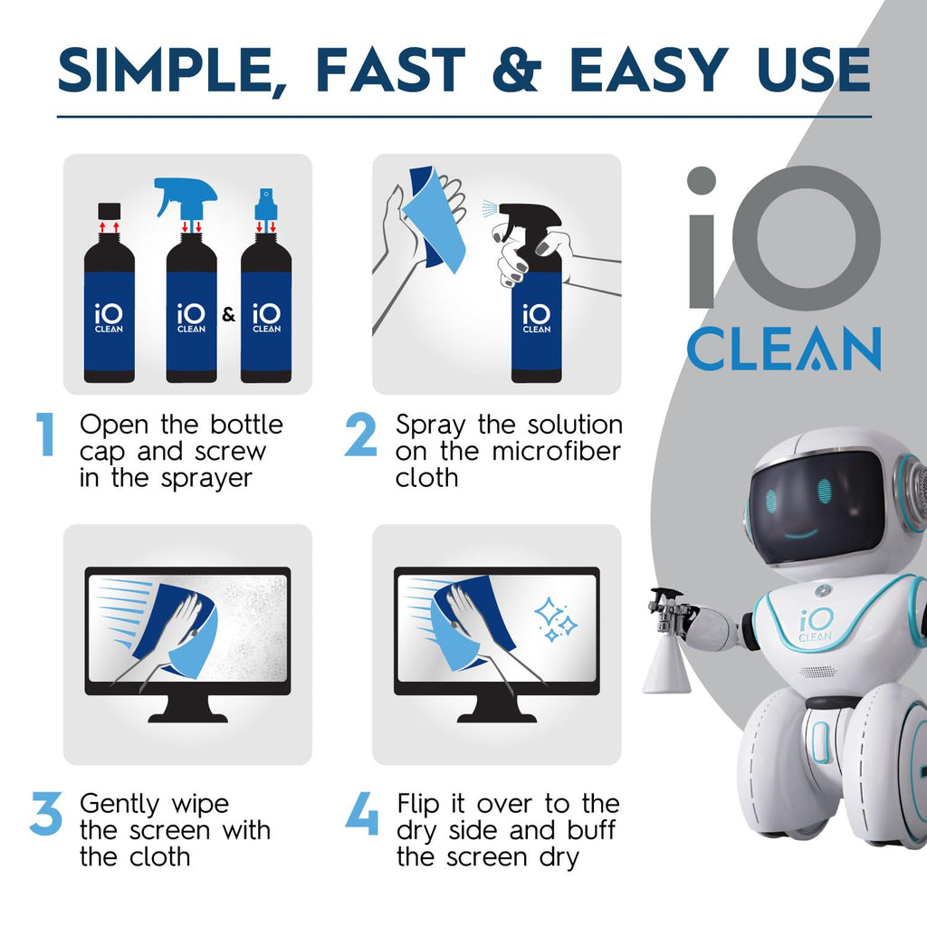 iO CLEAN 16oz Screen Cleaner Spray – Best Large Cleaning Kit | for LCD, LED & OLED TV, Smartphone, iPad, Laptop, Touchscreen, Computer Monitor, Microfiber Cloth Wipes & 2 Nozzles