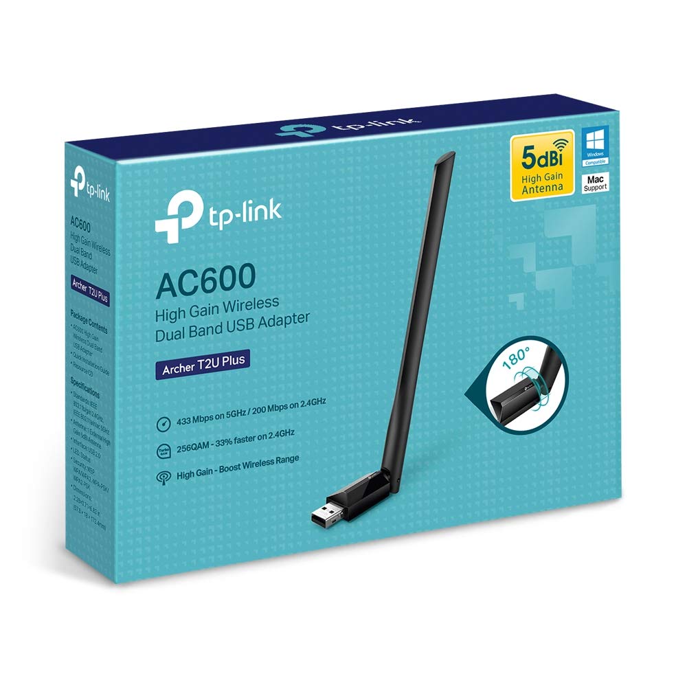 TP-Link AC600 USB WiFi Adapter for Desktop PC - USB Wireless Adapter for PC | WiFi dongle for PC with 2.4GHz, 5GHz High Gain Dual Band 5dBi Antenna, Supports Win11/10/8.1/8/7/XP, Black (Archer T2U Plus)