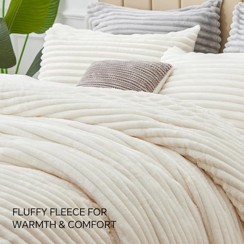 BEDELITE Fleece Queen Comforter Set, Fluffy Bed Set, Cream White | Super Soft & Warm Bedding, Luxury Fuzzy Faux Fur Comforter for Winter, Heavy Plush Bedding, with 2 Pillowcases