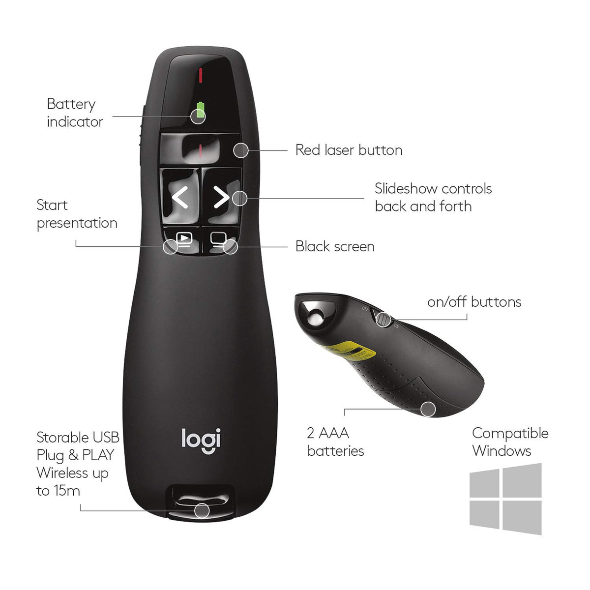 Logitech Wireless Presenter R400 USB A PowerPoint Clicker with Laser | USB-A connection, PowerPoint clicker, presentation remote control